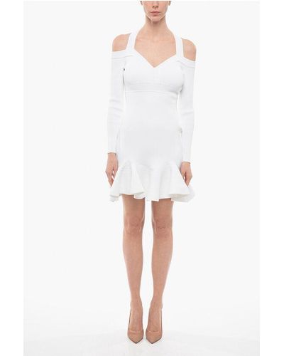 Alexander McQueen Cold-Shoulder Knitted Dress With Flared Bottom - White