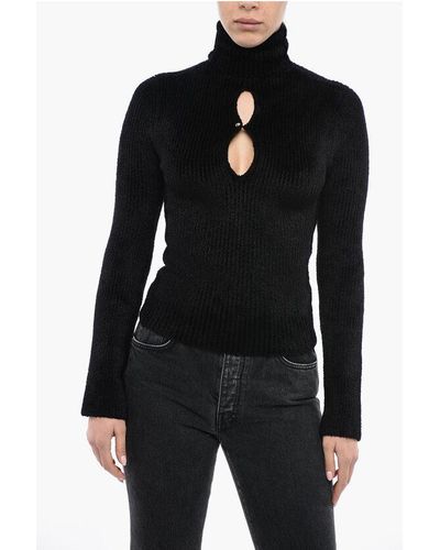 Moncler Chenille Turtle Neck Jumper With Jewel Button - Black