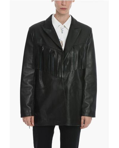 Washington DEE-CEE U.S.A. Fringed Single Breasted Leather Blazer - Black