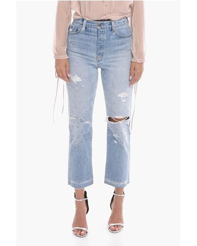 Amiri Cropped Fit Distressed Denims With Crystals 20Cm - Blue