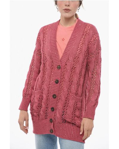 Brunello Cucinelli Sequined Flax Blend Crochet Cardigan - Red