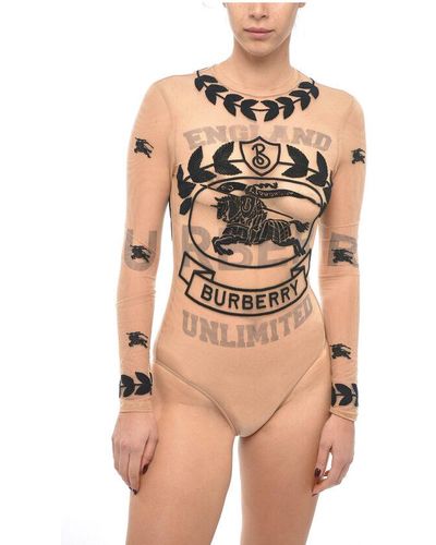 Burberry Long-Sleeved Mesh Bodysuit With Embroidered Logo - Natural