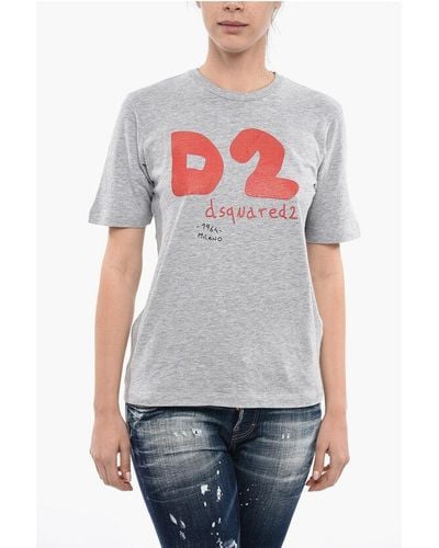 DSquared² Crew Neck Cotton Blend T-Shirt With Monogram Print - Grey