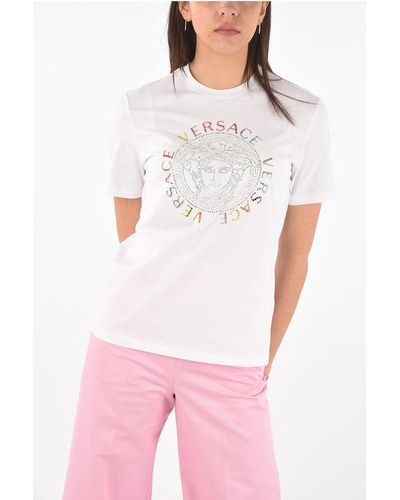 Versace Crew Neck Strass Logo Cotton T-Shirt - White