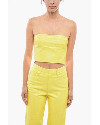ROTATE BIRGER CHRISTENSEN Faux Leather Strapless Crop Top With Zip Closure - Yellow