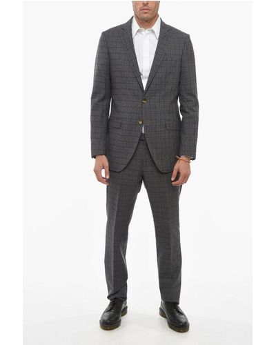 Etro Wool Blend Plaid Check Suit With Flap Pockets - Black
