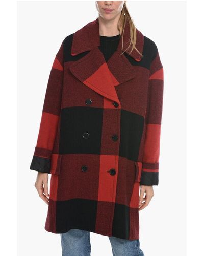 Moschino Couture! Oversized Double-Breasted Coat With Plaid Check Mot - Red