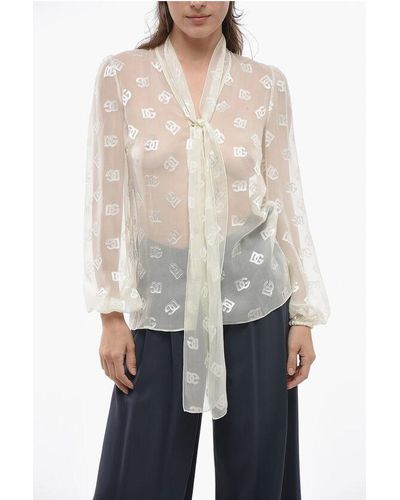 Dolce & Gabbana Tie Neck Monogram Silk Blend Shirt - Natural