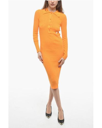 Patou Ribbed Cotton Midi Dress With Polo Neck - Orange