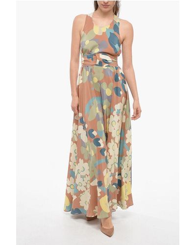 Aspesi Silk Belted Maxi Dress With Floral Pattern - Multicolour