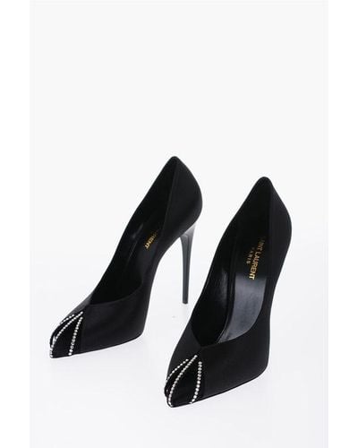 Saint Laurent Open Toe Satin Court Shoes With Rhinestones Details Heel 11 Cm - Black