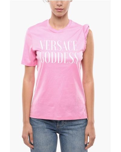 Versace Crew Neck Goddess Cotton T-Shirt With Gathered Sleeve - Pink