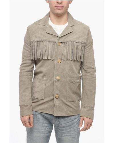 Amiri Suede Jacket With Fringes And Patch Pockets - Grey