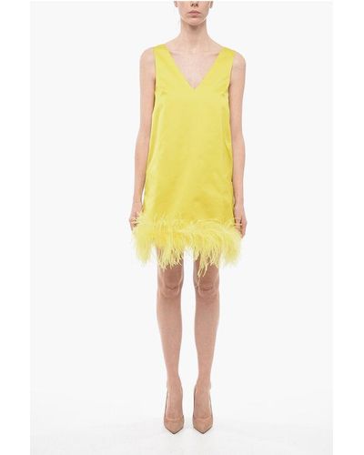 P.A.R.O.S.H. Satin Shift Dress With Feathered Bottom - Yellow