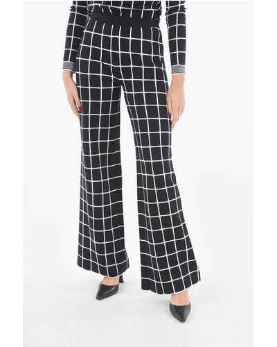 DROMe Windowpane-Checkered Jersey Flared Trousers With Scalloped Hem - Black