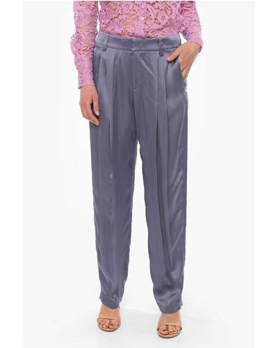 Vince High Waist Satin Double Pleated Flared Trousers - Blue