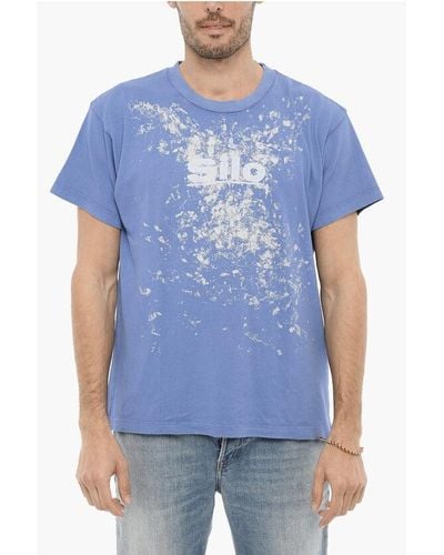 ERL Solid Colour Crew-Neck T-Shirt With Acid-Wash Effect Print - Blue