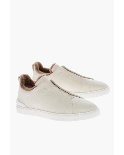 ZEGNA Textured Leather Triple Stitch Low-Top Trainers With Faux Fu - White