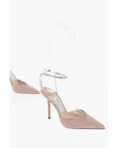 Jimmy Choo Suede Saeda Ankle-Strap Court Shoes Embellished With Rhinestones H - White