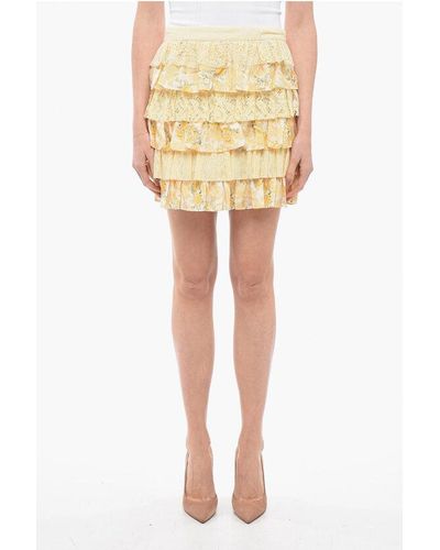 LoveShackFancy Printed Silk Ruffled Mini Skirt - Yellow