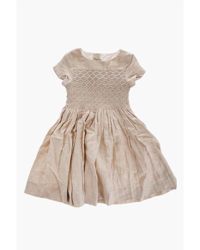 Bonpoint Short Sleeve Linen Blend Dress With Pleated Detail - Natural