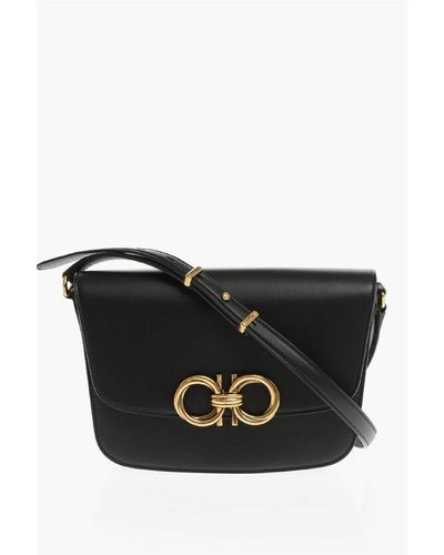 Ferragamo Leather Crossbody Bag With Golden Gancini Detail - Black