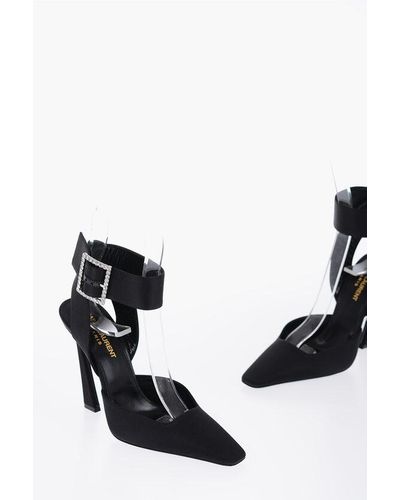 Saint Laurent Pointed Satin Sandals With Rhinestoned Buckle Heel 11 Cm - Black