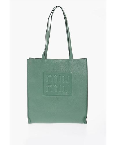 Miu Miu Textured Leather Tote Bag With Embossed Logo - Green