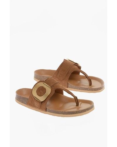 Chloé See By Suede Thong Sandals With Maxi Golden Buckle - Brown
