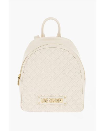 Moschino Love Quilted Faux Leather Backpack With Golden Logo - Natural
