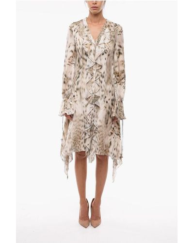 Blumarine Animal Patterned Silk Chiffon Dress With Frills - Natural