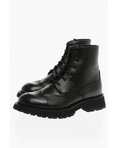 Alexander McQueen Leather Combat Boots With Brogues Detail - Black