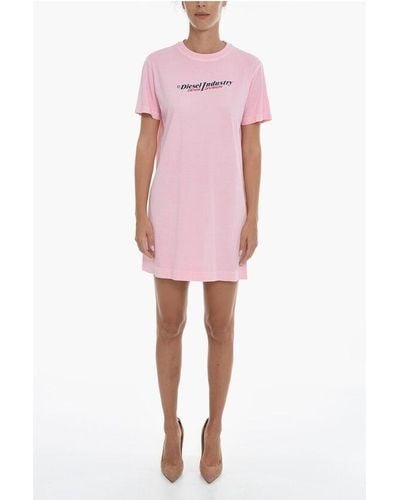 DIESEL Tag Solid Colour D-Egor Tee Dress With Printed Logo - Pink
