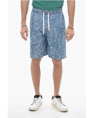 Versace Damask Cotton Shorts With Drawstring - Blue