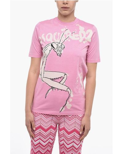 DSquared² Crew Neck Cotton T-Shirt With Front Print - Pink