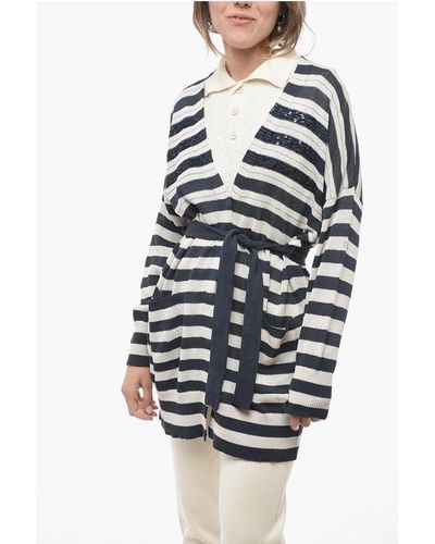 Brunello Cucinelli Awning Stripe Cotton Cardigan With Sequines - White