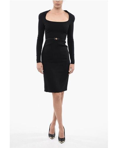 Versace Belted Pencil Dress With Squared Neck - Black