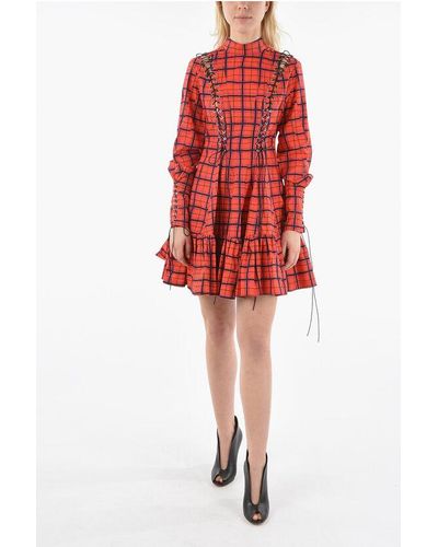Rochas Tartan Mini Dress With Lace Up Corset Details - Red