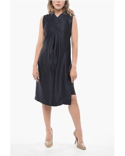 Jil Sander V Neck Silk Midi Dress With Inner Petticoat - Blue