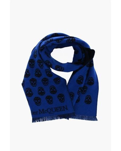 Alexander McQueen All-Over Skulls Embroidered Wool Upside Down Scarf - Blue
