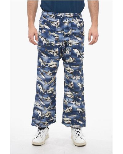 Palm Angels Patch Pocketed Sharks Easy Cotton Trousers - Blue