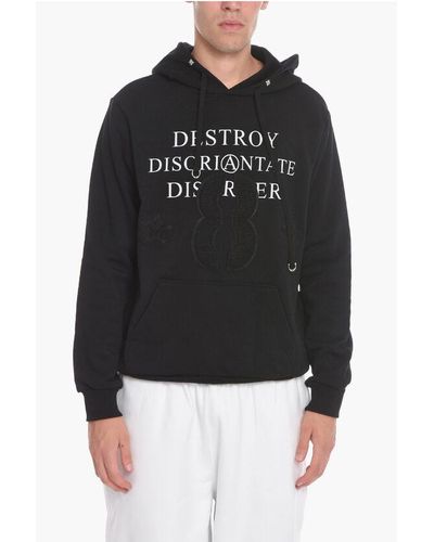 John Richmond Brushed Cotton Hoodie With Front Print And Patches Detail - Black