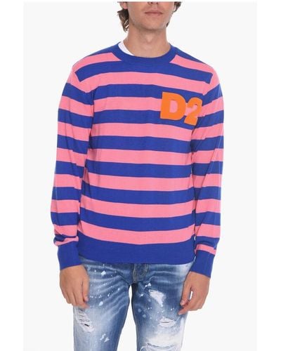 DSquared² Wool Striped Sweather With Flocked Logo - Blue