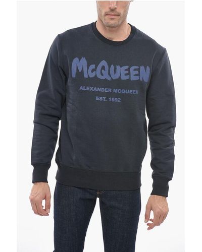 Alexander McQueen Brushed Cotton Sweatshirt With Logo Print - Blue