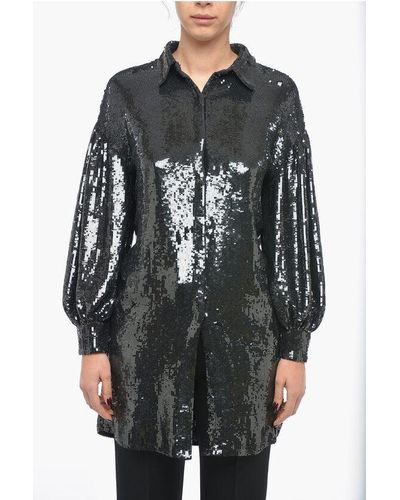 P.A.R.O.S.H. Sequined Gentle Shirt Dress With Balloon Sleeves - Black