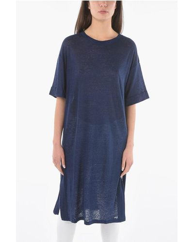 Woolrich Double Side Split-Hem Linen Oversized Slub Tee Dress - Blue