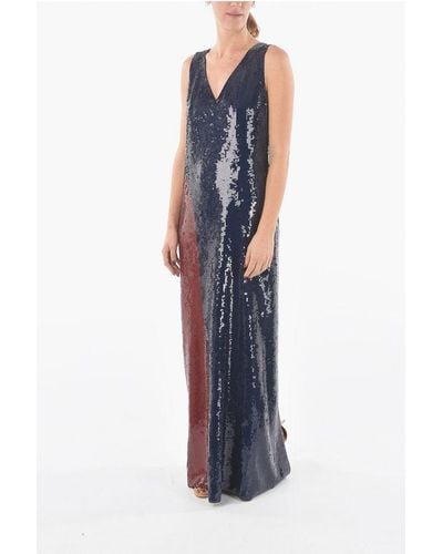 Tory Burch Sequined Sleeve-Less Long Dress With Back Slit - Blue