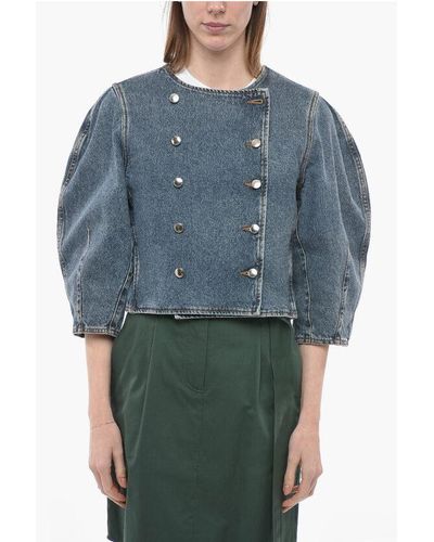 Chloé Double-Breasted Denim Jacket With 3/4 Sleeves - Blue