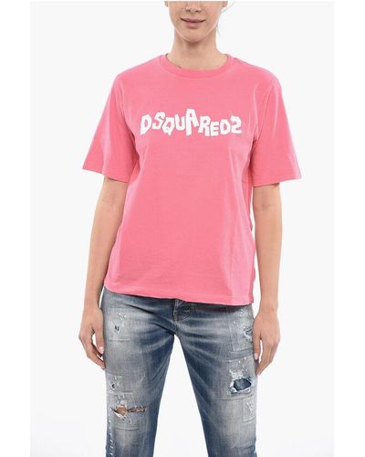 DSquared² Crew Neck Cotton T-Shirt With Lettering Logo - Pink