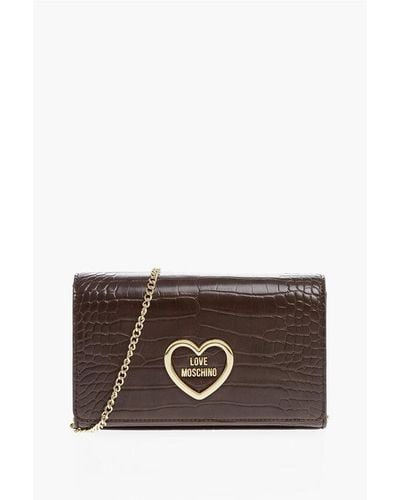 Moschino Love Crocodile Effect Faux Leather Bag With Golden Chain - Brown